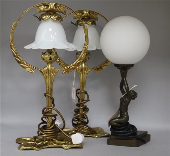 An Art Deco style figural globe table lamp and a pair of Art Nouveau style brass table lamps